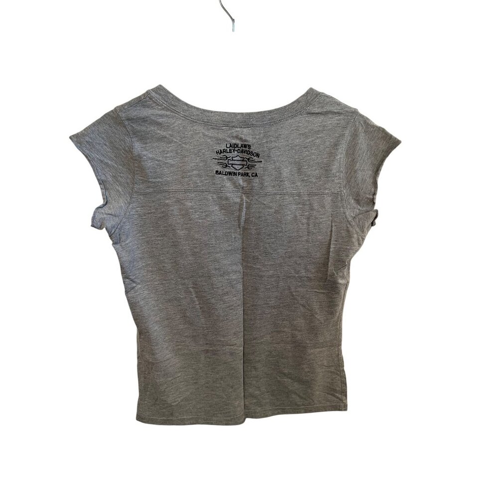 Harley Davidson Gray Tee Short Sleeve Tshirt Cutout Neck Women's Size L Y2K - Picture 5 of 6